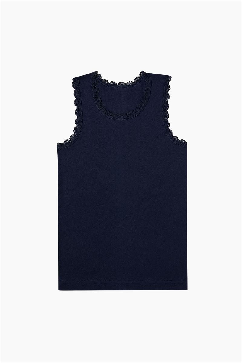 BROSS GIRLS %100 COTTON LACE-COLLAR WIDE STRAP VEST NAVY BLUE