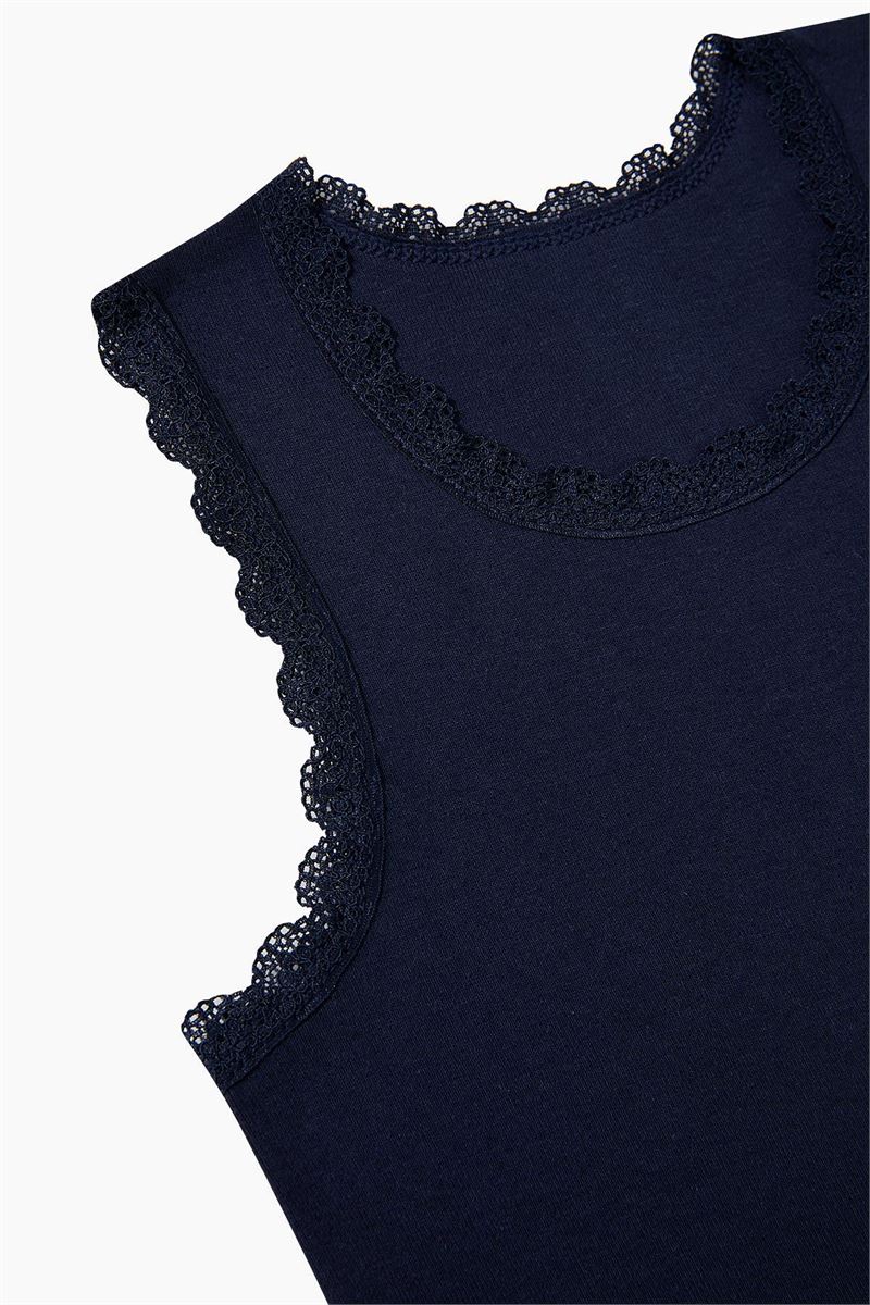 BROSS GIRLS %100 COTTON LACE-COLLAR WIDE STRAP VEST NAVY BLUE