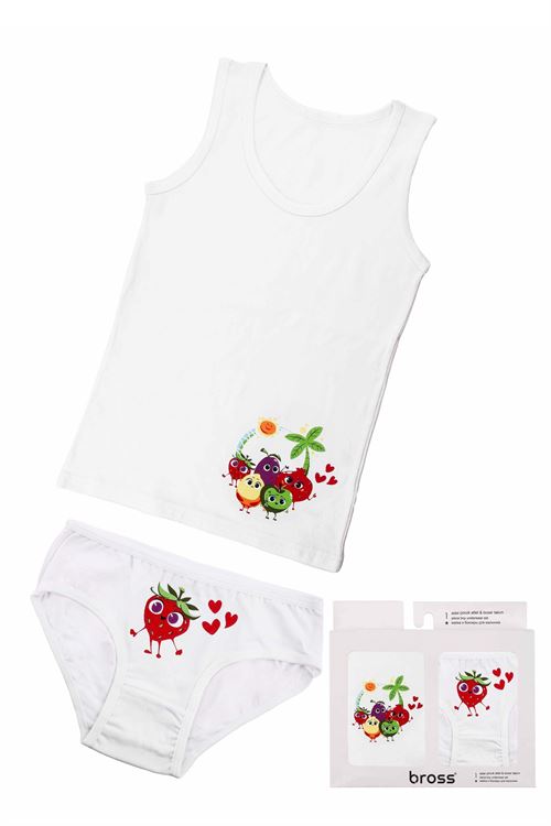  White Strawberry Patterned Undershirt-Panties Set Box 6