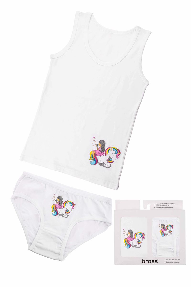 BROSS WHITE UNICORN PATTERNED UNDERSHIRT-PANTIES SET BOX WHITE