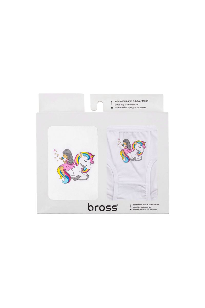 BROSS WHITE UNICORN PATTERNED UNDERSHIRT-PANTIES SET BOX WHITE