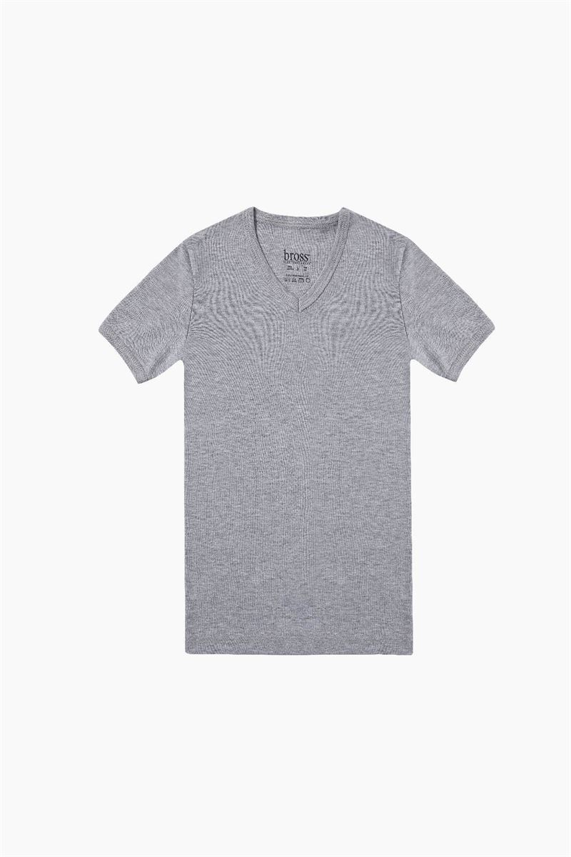 BROSS BOYS %100 COTTON V-NECK T-SHIRT GRAY MELANGE