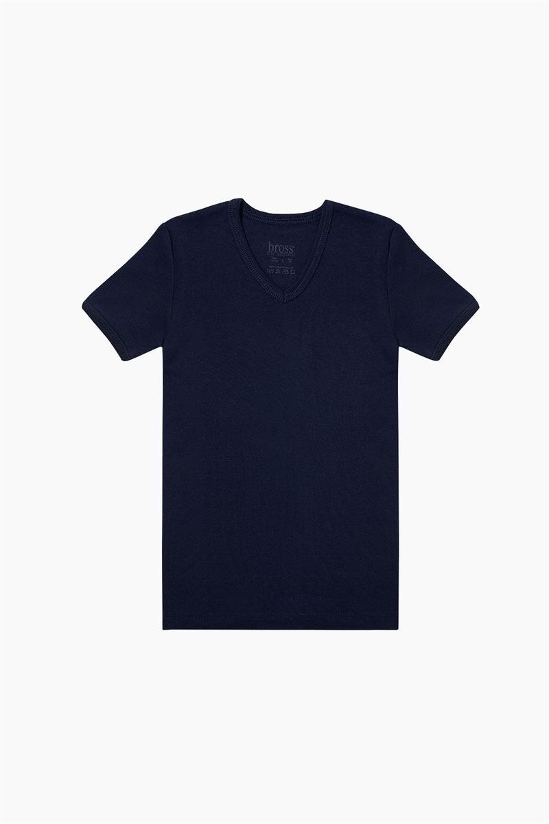 BROSS BOYS %100 COTTON V-NECK T-SHIRT NAVY BLUE