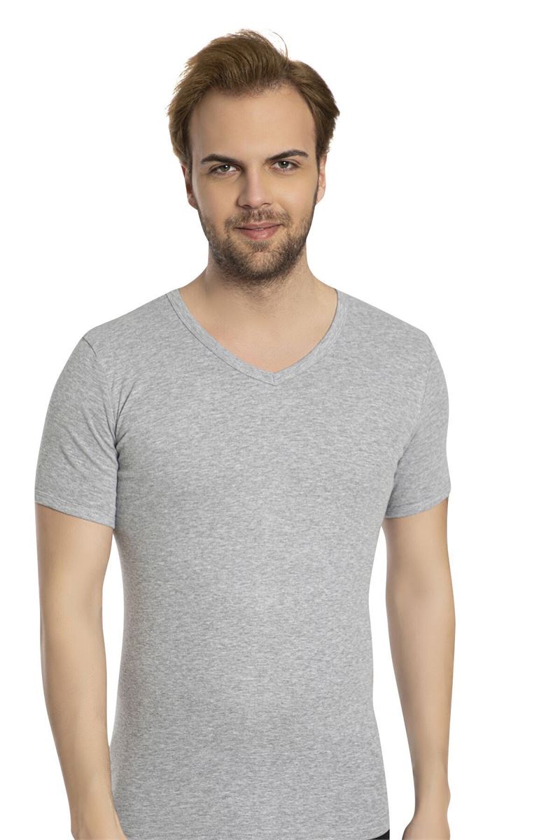 BROSS MEN %100 COTTON V-NECK T-SHIRT GRAY MELANGE