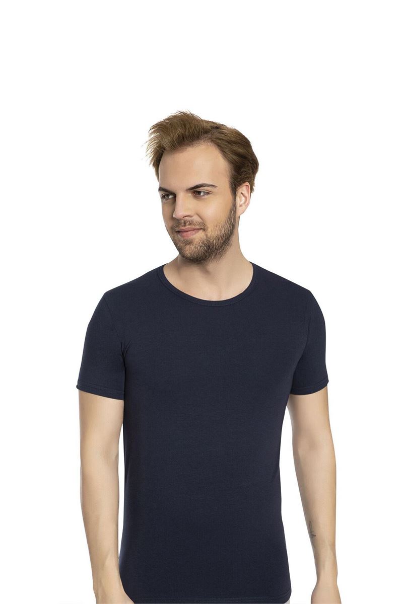 BROSS MEN LYCRA CREW-NECK T-SHIRT NAVY BLUE