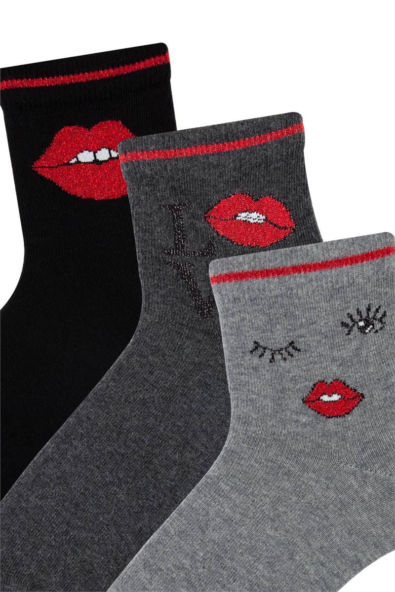 BROSS WOMEN LIPS PATTERN MID-CALF SOCKS ASORTY