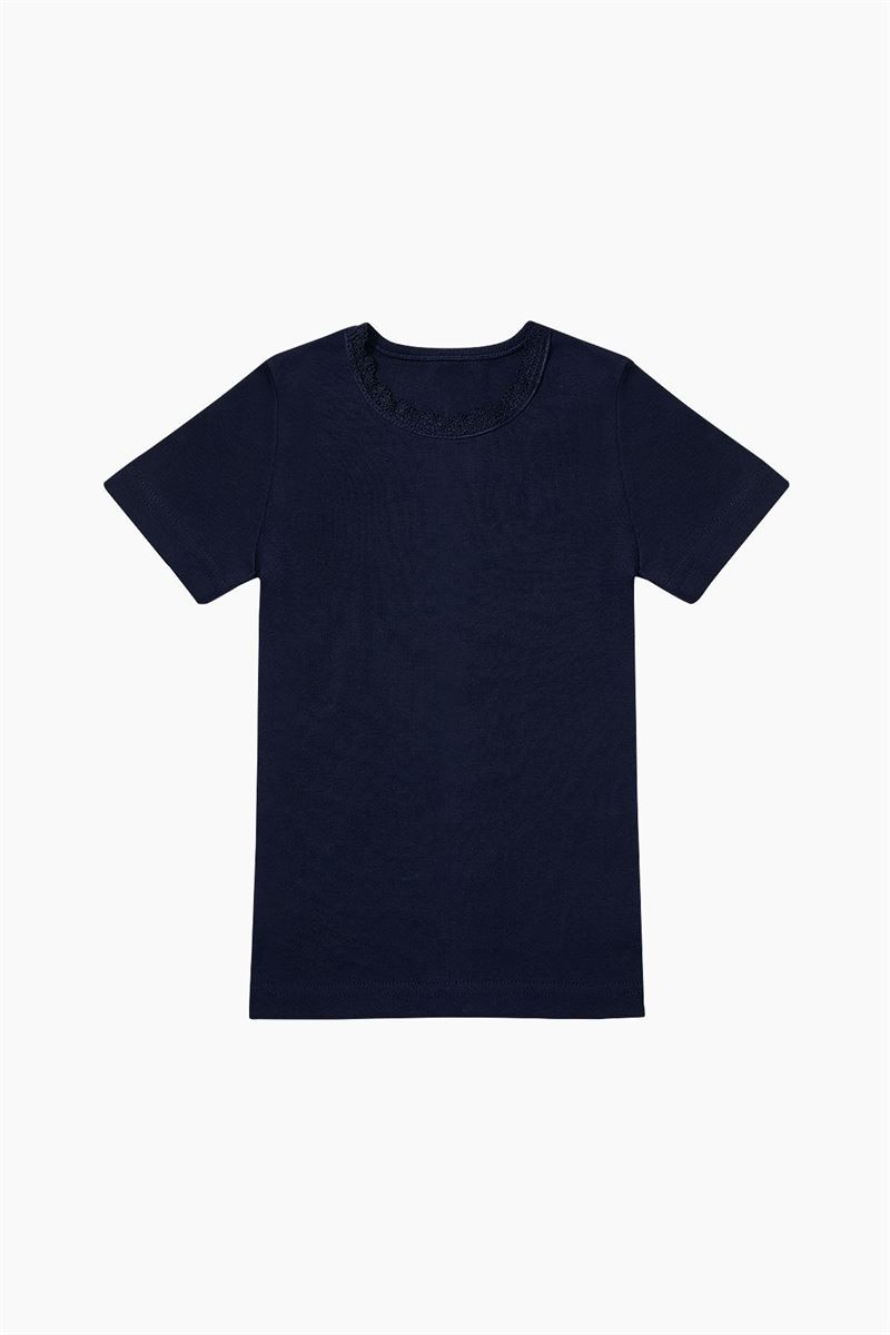 BROSS GIRLS %100 COTTON CREW-LACE-COLLAR T-SHIRT NAVY BLUE