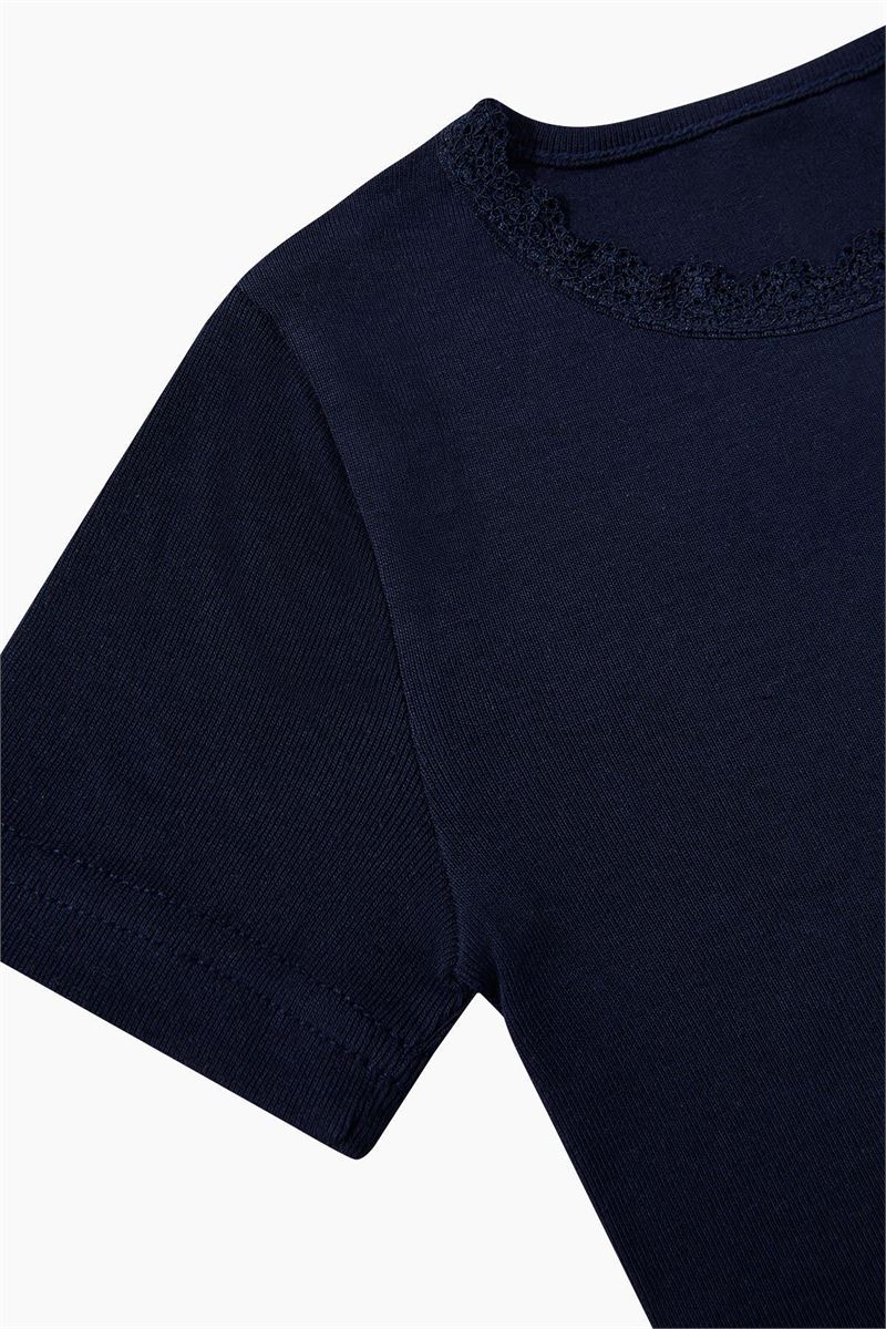 BROSS GIRLS %100 COTTON CREW-LACE-COLLAR T-SHIRT NAVY BLUE