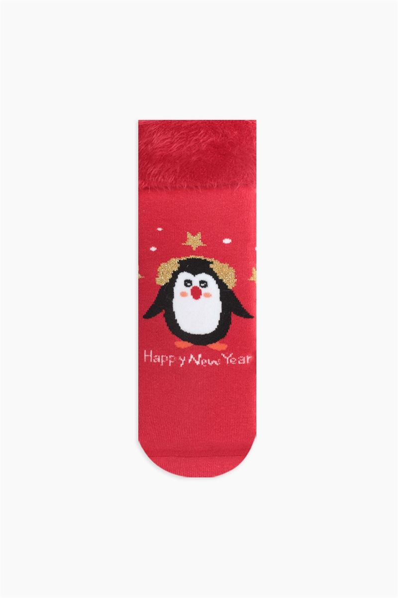BROSS BOXED PENGUIN PATTERNED MOTHER-DAUGHTER TERRY SOCK RED