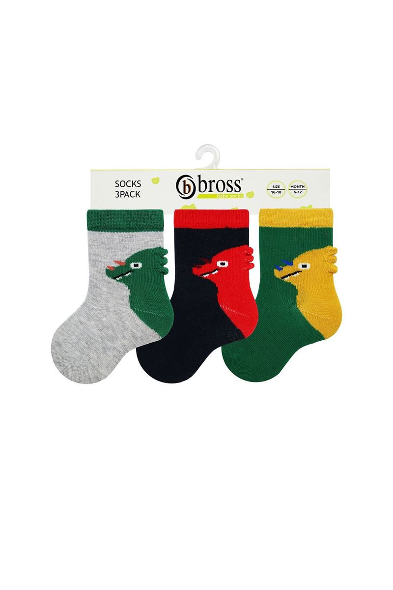 BROSS 3D PLAIN DINO BABY BOYS SOCKS ASORTY