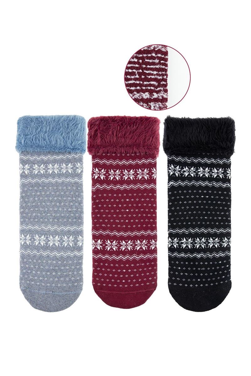 BROSS FRINGED ETHNIC PATTERNED WOMENS TERRY SOCKS ASORTY