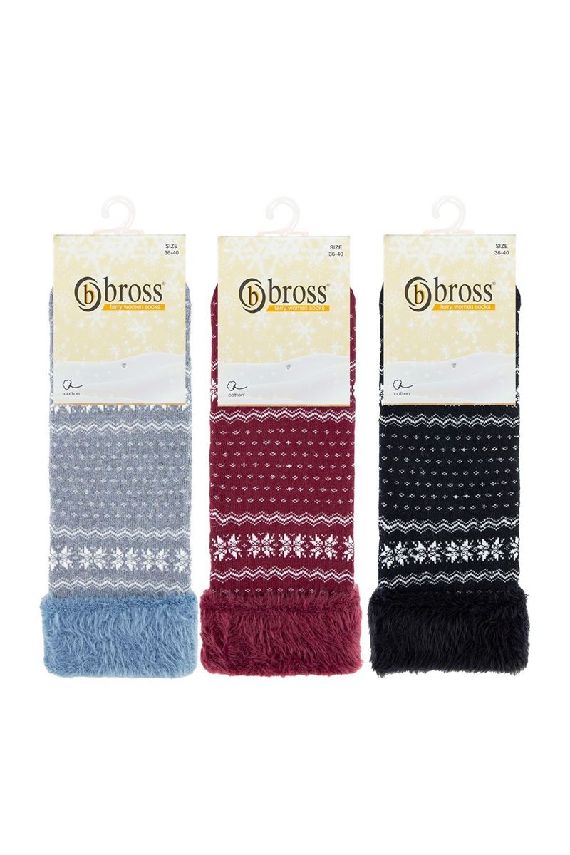 BROSS FRINGED ETHNIC PATTERNED WOMENS TERRY SOCKS ASORTY