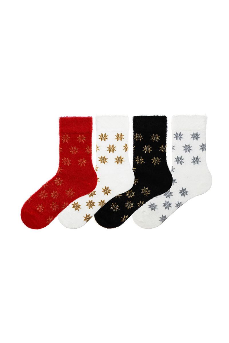 BROSS FRINGED NEW YEAR SNOW PATTERNED WOMENS SOCKS WITH ASORTY