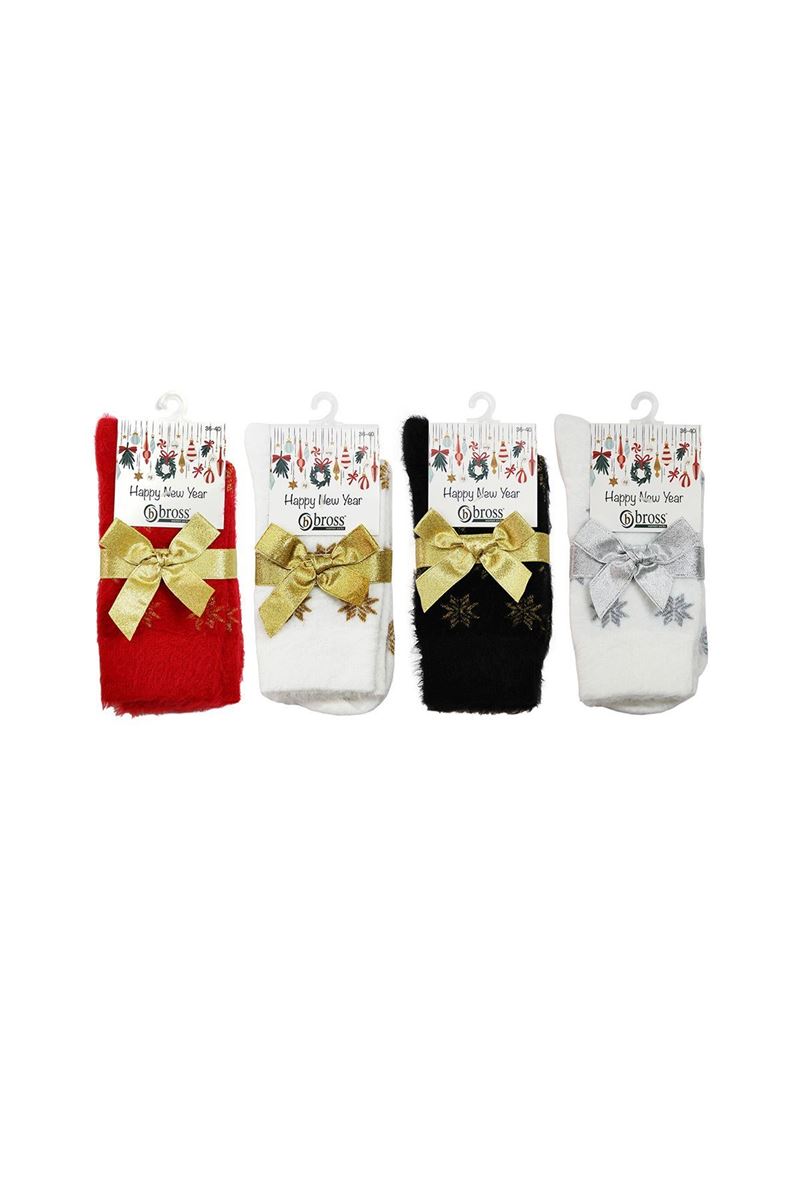 BROSS FRINGED NEW YEAR SNOW PATTERNED WOMENS SOCKS WITH ASORTY