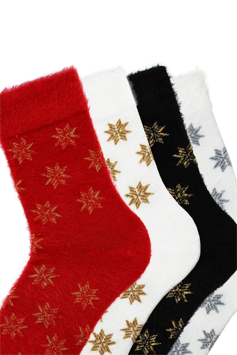 BROSS FRINGED NEW YEAR SNOW PATTERNED WOMENS SOCKS WITH ASORTY