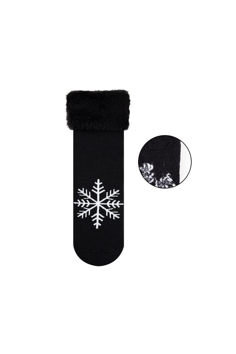 BROSS SNOWFLAKE PATTERNED WOMEN S TERRY SOCKS BLACK