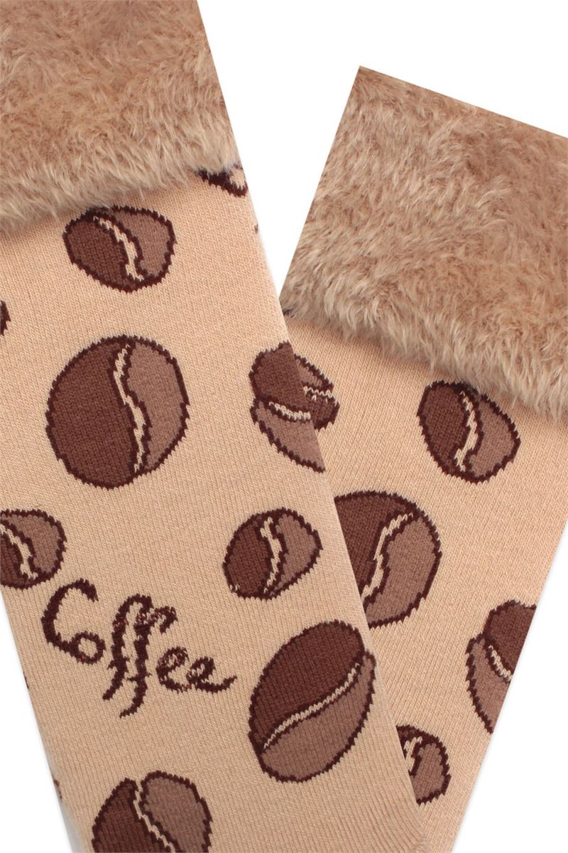 BROSS FRINGED COFFEE PATTERNED WOMENS TERRY SOCKS ASORTY