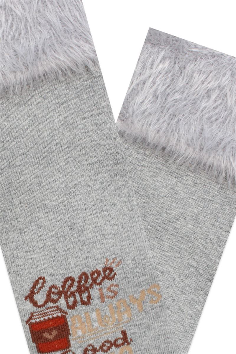 BROSS FRINGED COFFEE PATTERNED WOMENS TERRY SOCKS ASORTY