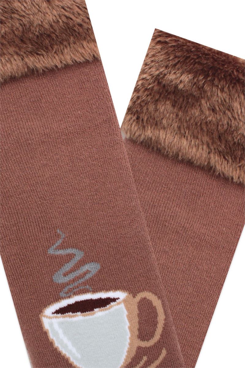 BROSS FRINGED COFFEE PATTERNED WOMENS TERRY SOCKS ASORTY