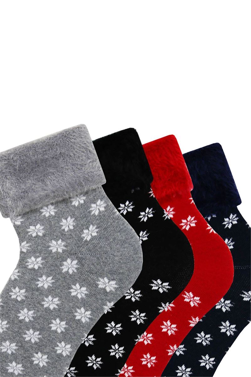 BROSS FRINGED SNOWFLAKE PATTERNED  WOMENS TERRY SOCKS ASORTY