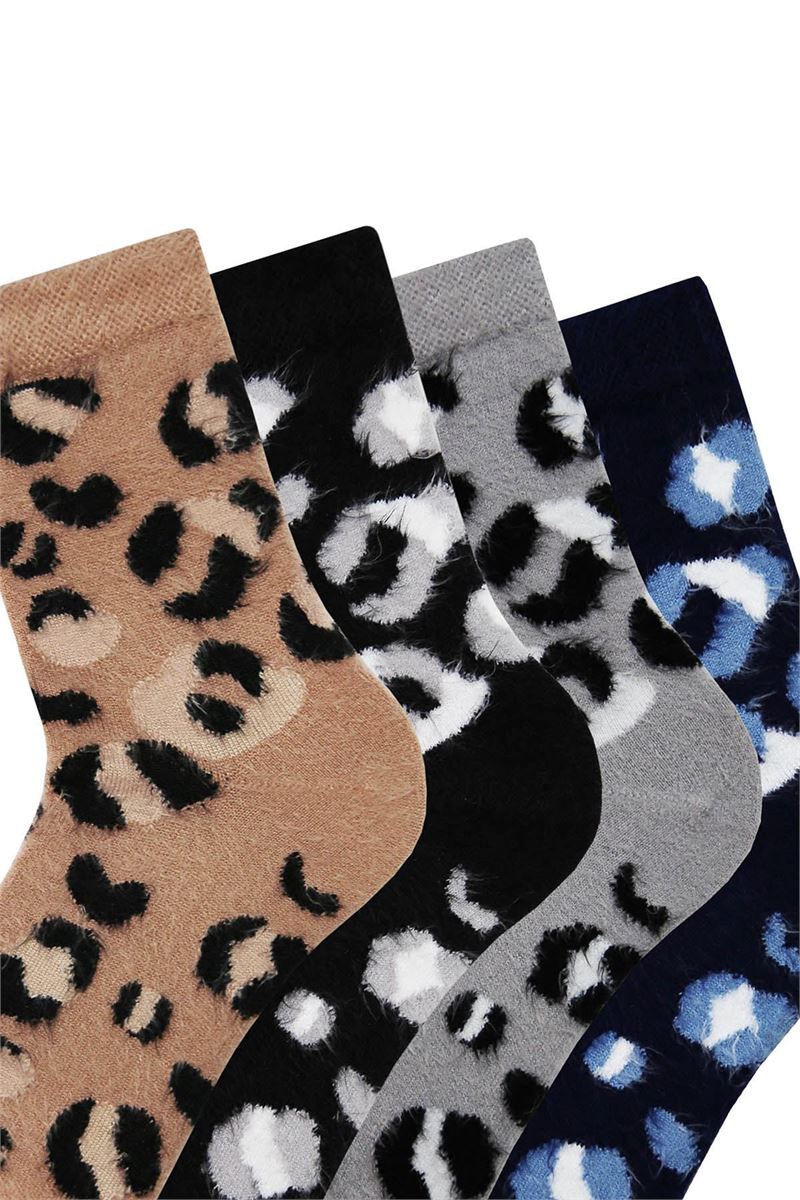 BROSS FRINGED LEOPARD PATTERNED WOMENS SOCKS ASORTY