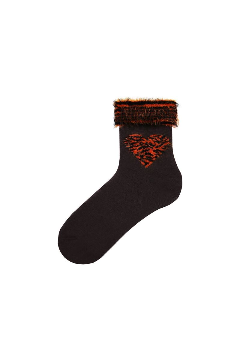 BROSS FRINGED LEOPARD HEART PATTERNED WOMENS TERRY SOCK ASORTY