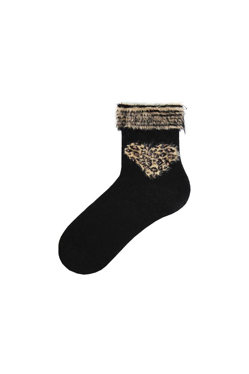 BROSS FRINGED LEOPARD HEART PATTERNED WOMENS TERRY SOCK ASORTY