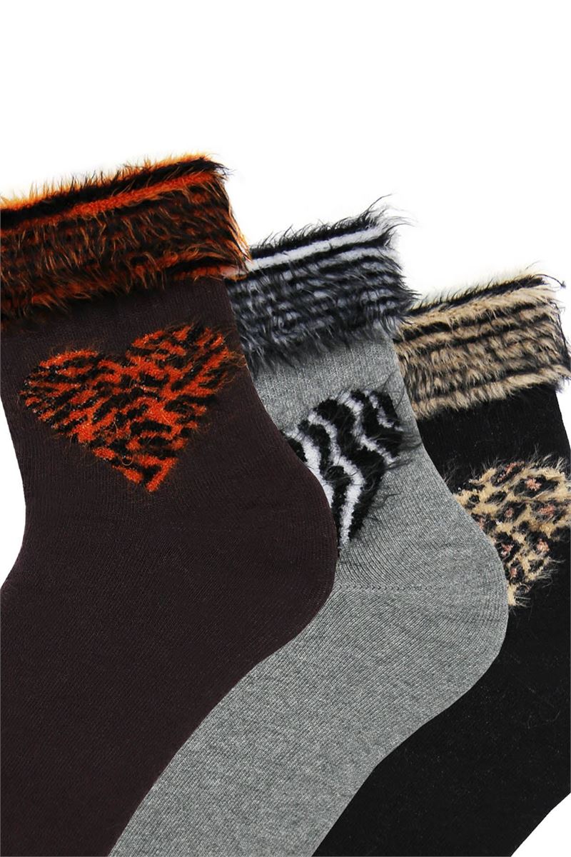 BROSS FRINGED LEOPARD HEART PATTERNED WOMENS TERRY SOCK ASORTY