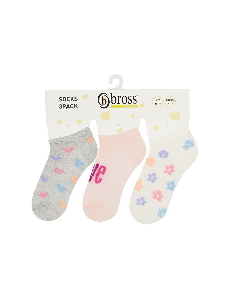 BROSS 3 PACK HEART PATTERNED  BABY GIRL  SHAFTLESS SOCKS ASORTY