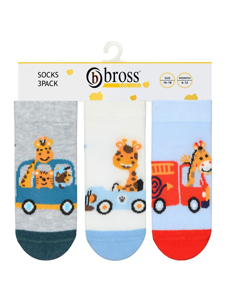 BROSS 3-PACK GIRAFFE PATTERNED BABY BOYS SHAFTLESS SOCKS ASORTY