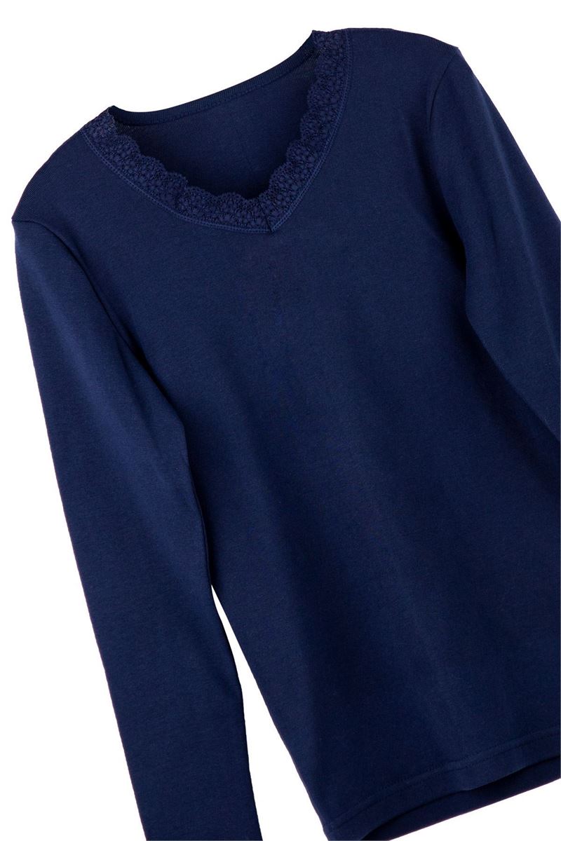 BROSS GIRLS %100 COTTON LACE-COLLAR LONG SLEEVE T-SHIRT NAVY BLUE