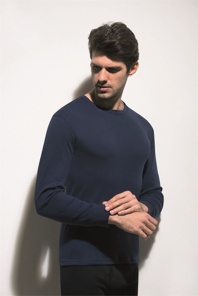 BROSS MEN %100 COTTON LONG SLEEVE T-SHIRT NAVY BLUE